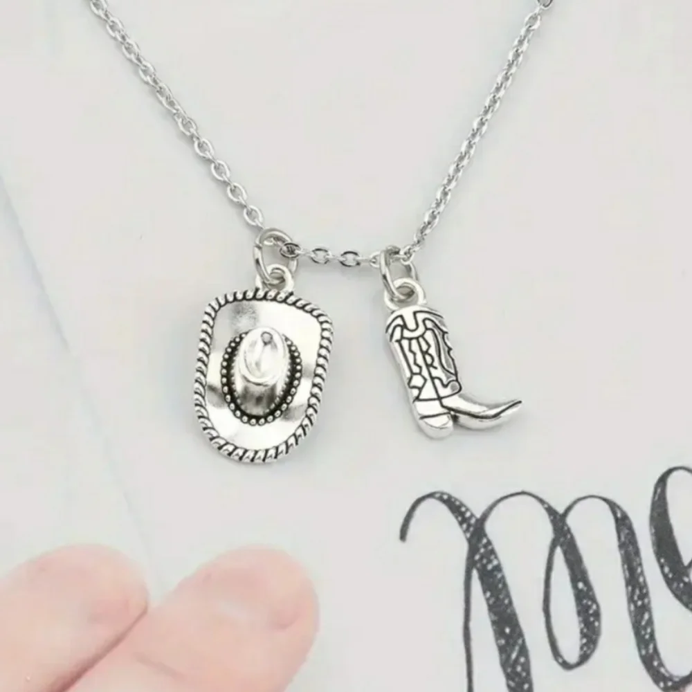 NEW Silver Cowboy Hat and Boot Pendant Necklace